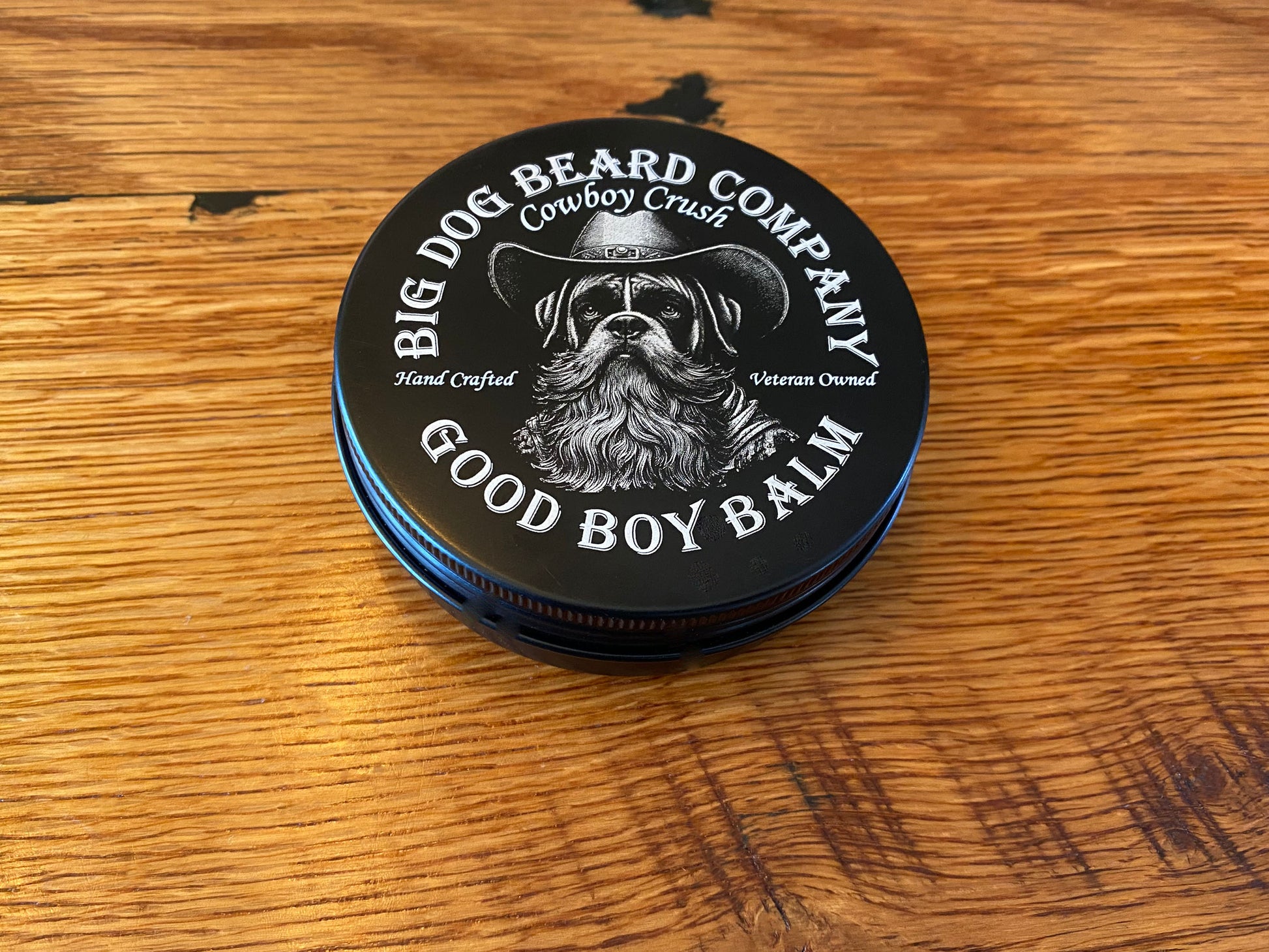 A tin of Big Dog Beard Company Cowboy Crush GOOD BOY Beard Balm Top View