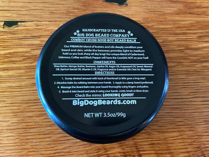 Handcrafted Cowboy Crush Good Boy Beard Balm by Big Dog Beard Company, presented in a ruggedly elegant tin with scents of cedarwood, oakmoss, black pepper, and coffee.