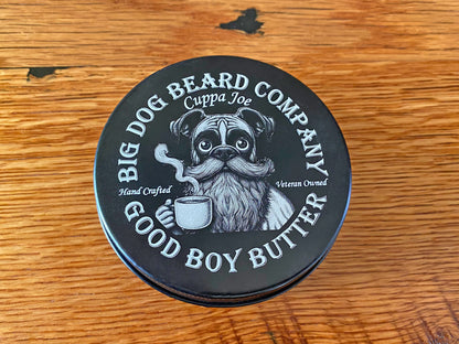 A tin of Cuppa Joe GOOD BOY Beard Butter by Big Dog Beard Company, closeup on table, top