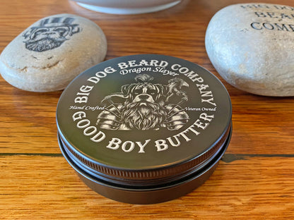 Big Dog Beard Company Dragon Slayer Good Boy Beard Butter, offering a luxurious scent profile with a nod to classic Dragons Blood Fragrance.