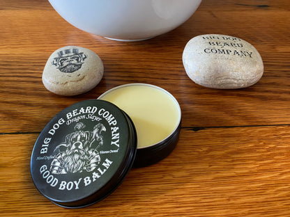 Big Dog Beard Company Dragon Slayer Good Boy Beard Balm, offering a luxurious scent profile of timeless Dragons Blood fragrance.