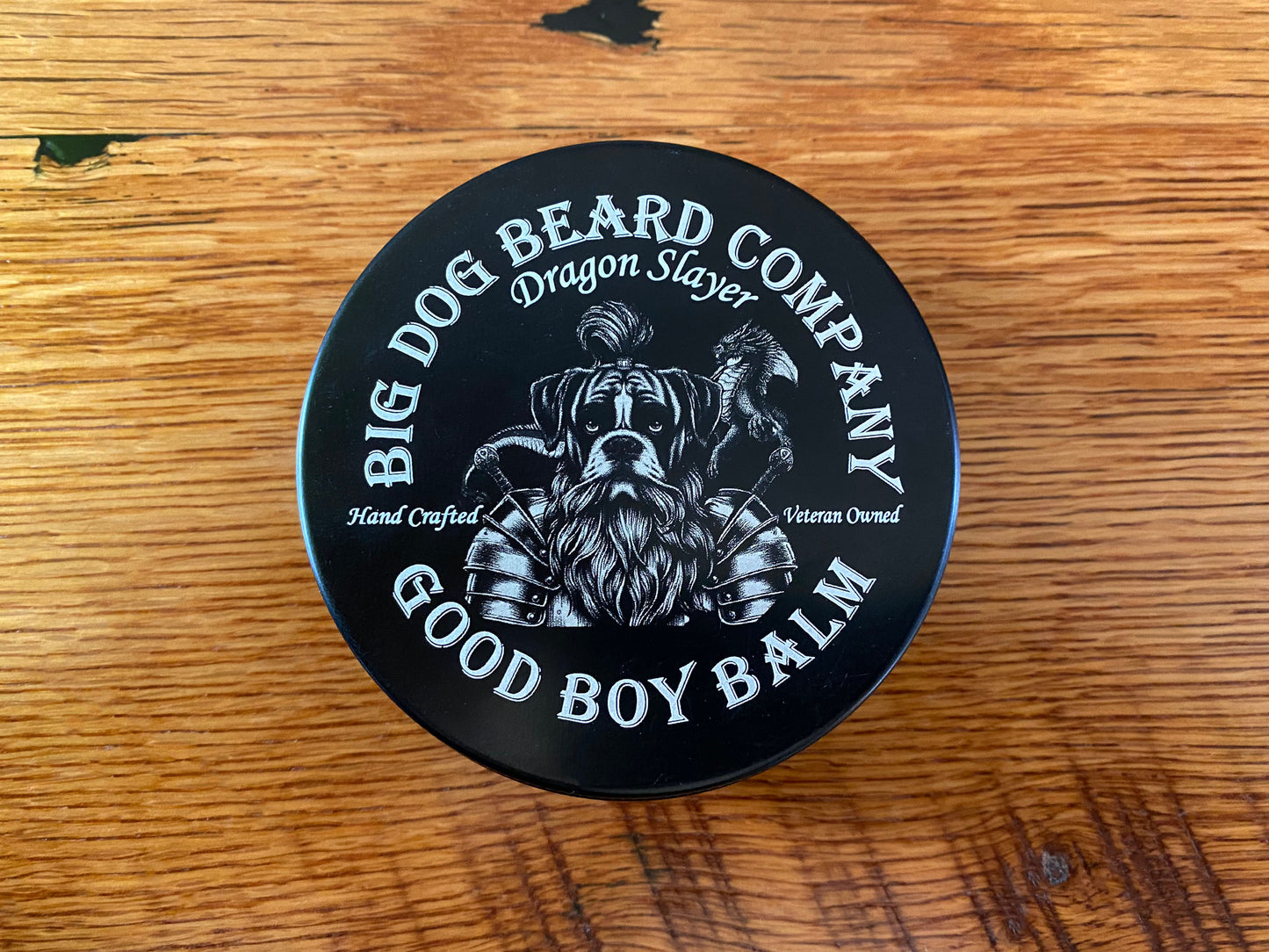 A tin of Big Dog Beard Company Dragon Slayer GOOD BOY Beard Balm Top View