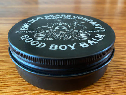 A tin of Dragon Slayer Good Boy Beard Balm by Big Dog Beard Company, featuring a rugged yet refined design inspired by Medieval Knights of Old! Side View