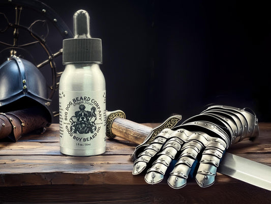 A bottle of Dragon Slayer Good Boy Beard Oil by Big Dog Beard Company, featuring a rugged yet refined design inspired by Medieval Knights of Old!