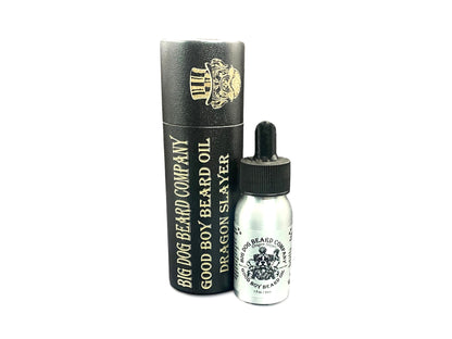 Dragon Slayer Good Boy Beard Oil, capturing the essence of Medieval Knights with a blend of bold scents, in a finely detailed bottle by Big Dog Beard Company.