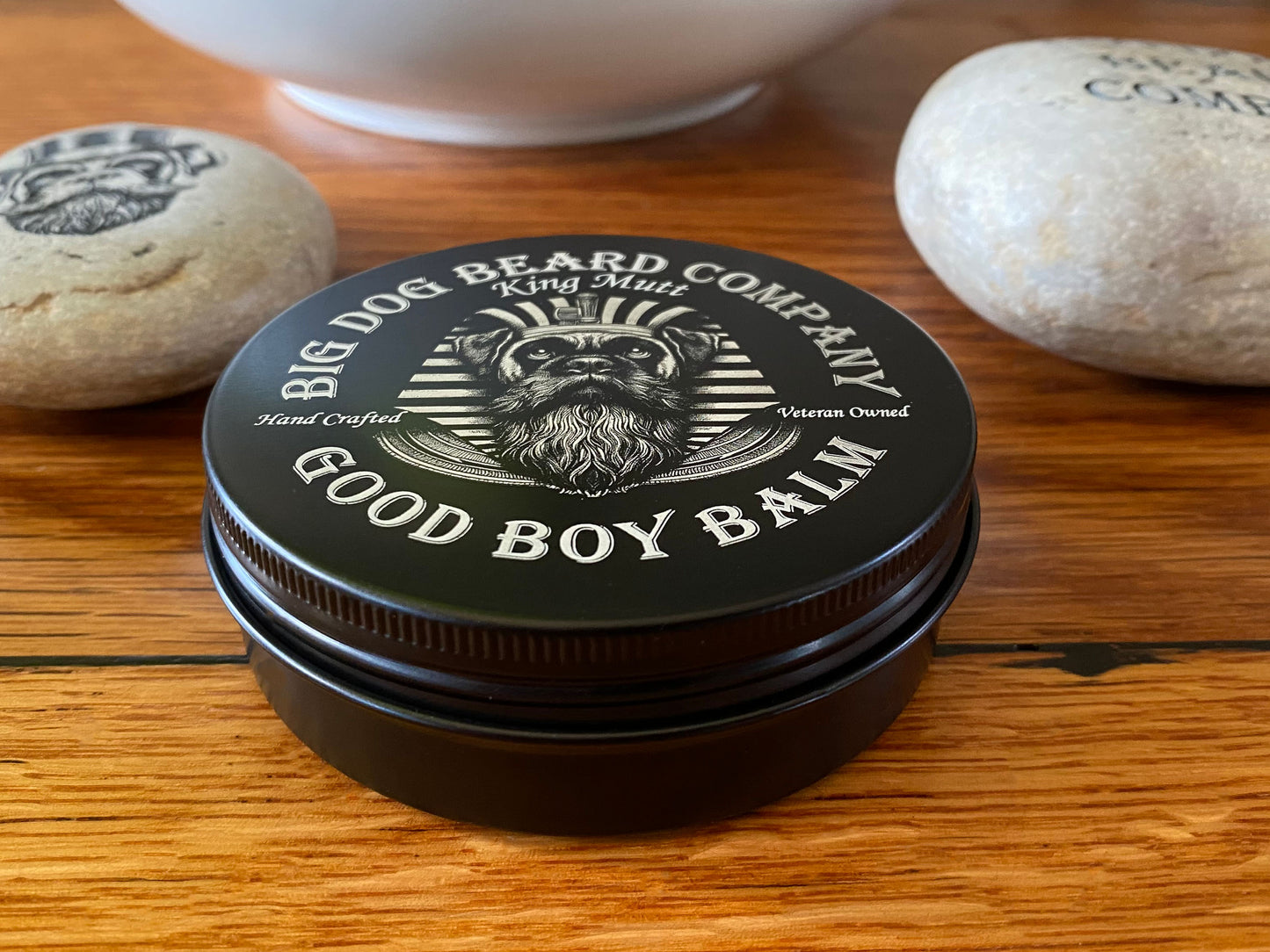 Close-up of King Mutt Good Boy Beard Balm, blending rich frankincense, myrrh, sandalwood and amber scents in a premium tin.