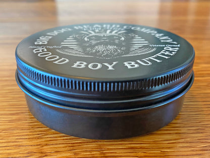 Close-up of King Mutt Good Boy Beard Butter, blending rich frankincense, myrrh, sandalwood and amber scents in a premium tin.