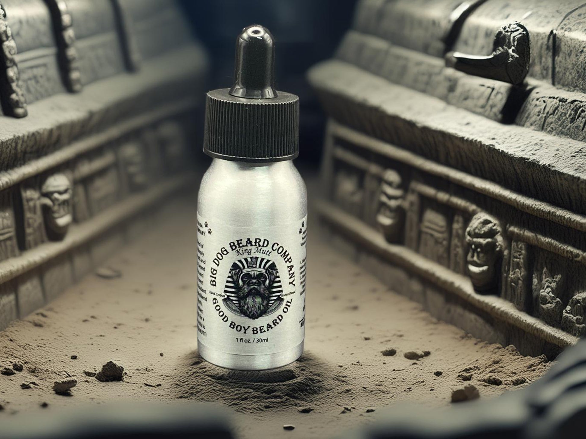 A bottle of King Mutt Good Boy Beard Oil by Big Dog Beard Company, inspired by the grandeur of ancient Egypt, this luxurious oil is fit for a pharaoh, delivering a majestic grooming experience worthy of the gods.