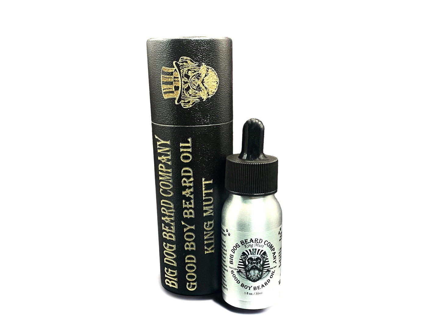 King Mutt Good Boy Beard Oil, capturing the essence of the ancient Egypt with a blend of bold scents, in a finely detailed bottle by Big Dog Beard Company.