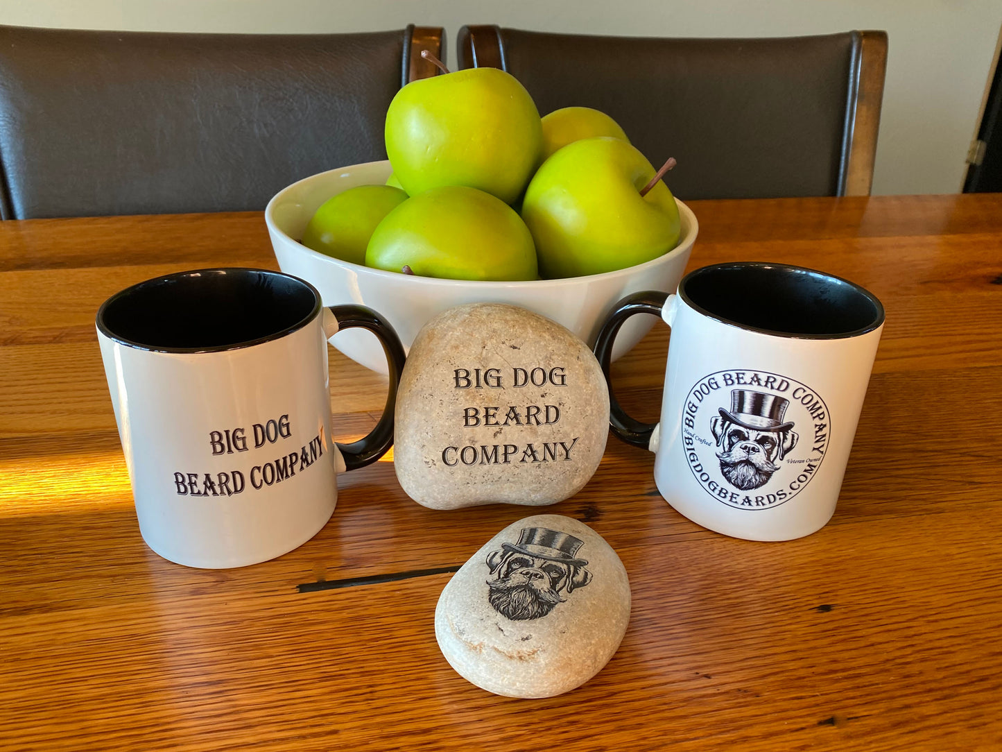 GOOD BOY Logo Mugs by Big Dog Beard Company setting on Oak Table