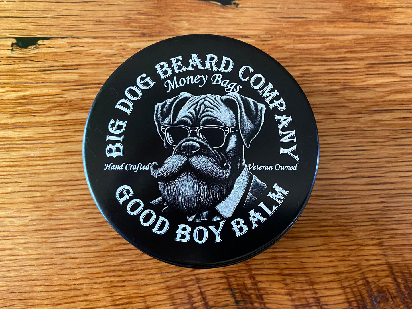 Money Bags Good Boy Beard Balm by Big Dog Beard Company top view.