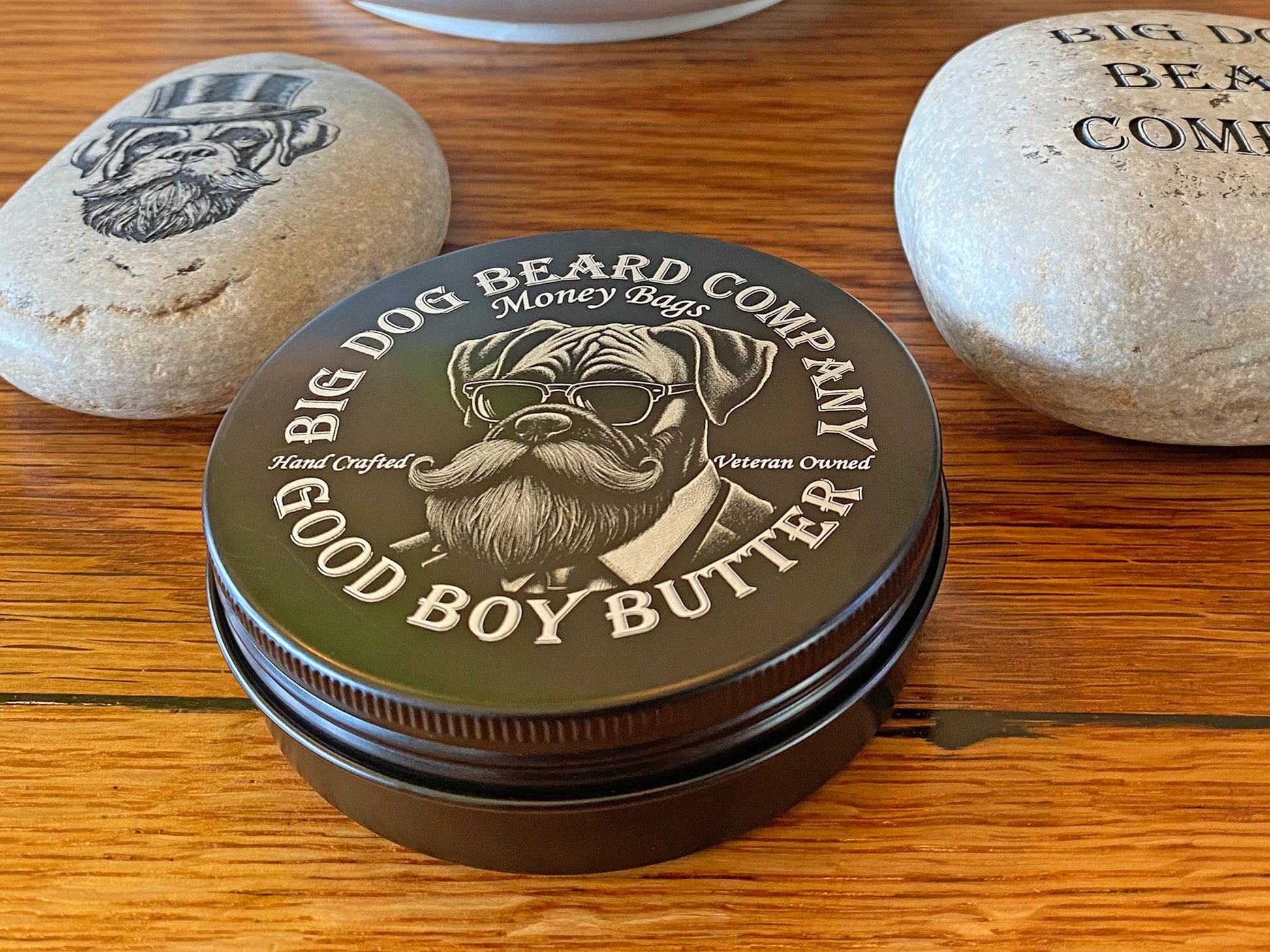 A tin of Money Bags Good Boy Beard Butter by Big Dog Beard Company, featuring an elegant design that embodies the spirit of success.