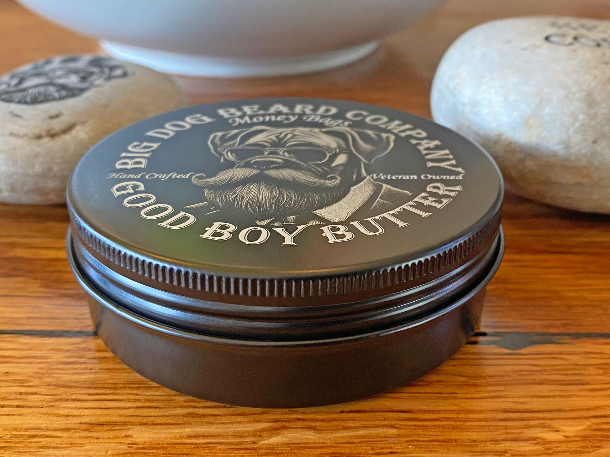 Handcrafted Money Bags Good Boy Beard Butter by Big Dog Beard Company, presented in an elegant tin with scents of cedar, leather and mint.