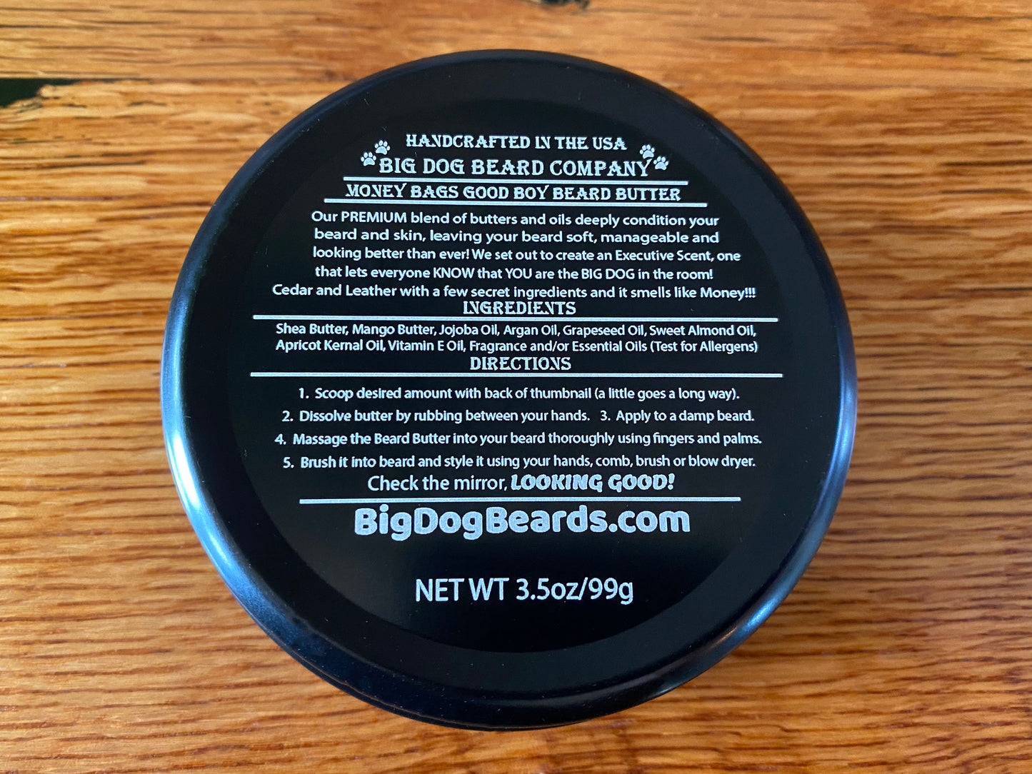 Handcrafted Money Bags Good Boy Beard Butter by Big Dog Beard Company, presented in a ruggedly elegant tin with scents of cedar, leather and mint.