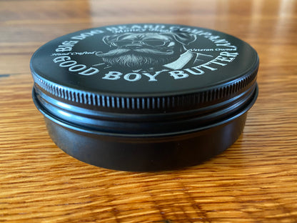 Handcrafted Money Bags Good Boy Beard Butter by Big Dog Beard Company, presented in an elegant tin with scents of cedar, leather and mint.