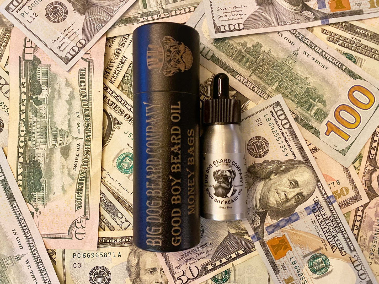 Money Bags Good Boy Beard Oil, capturing the essence of success with a blend of bold scents, in a finely detailed bottle by Big Dog Beard Company.