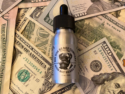 A bottle of Money Bags Good Boy Beard Oil by Big Dog Beard Company, featuring an opulent yet refined design, perfect for the discerning gentleman who commands attention and exudes success.