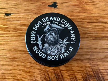 Handcrafted Ocean Driftwood GOOD BOY Beard Balm by Big Dog Beard Company, presented in premium, aluminum tins.