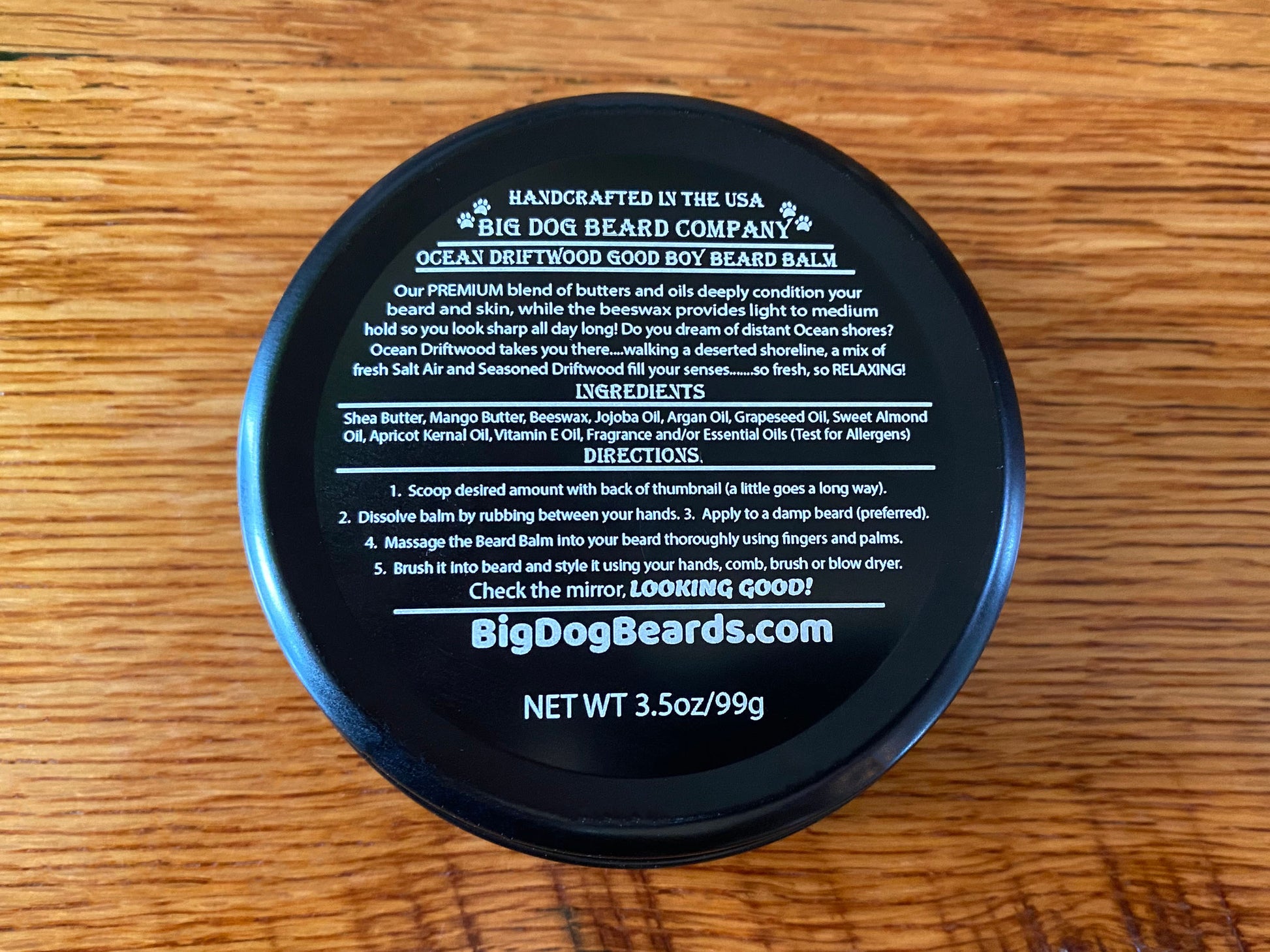 Handcrafted Ocean Driftwood GOOD BOY Beard Balm by Big Dog Beard Company, presented in premium, aluminum tins. Label View