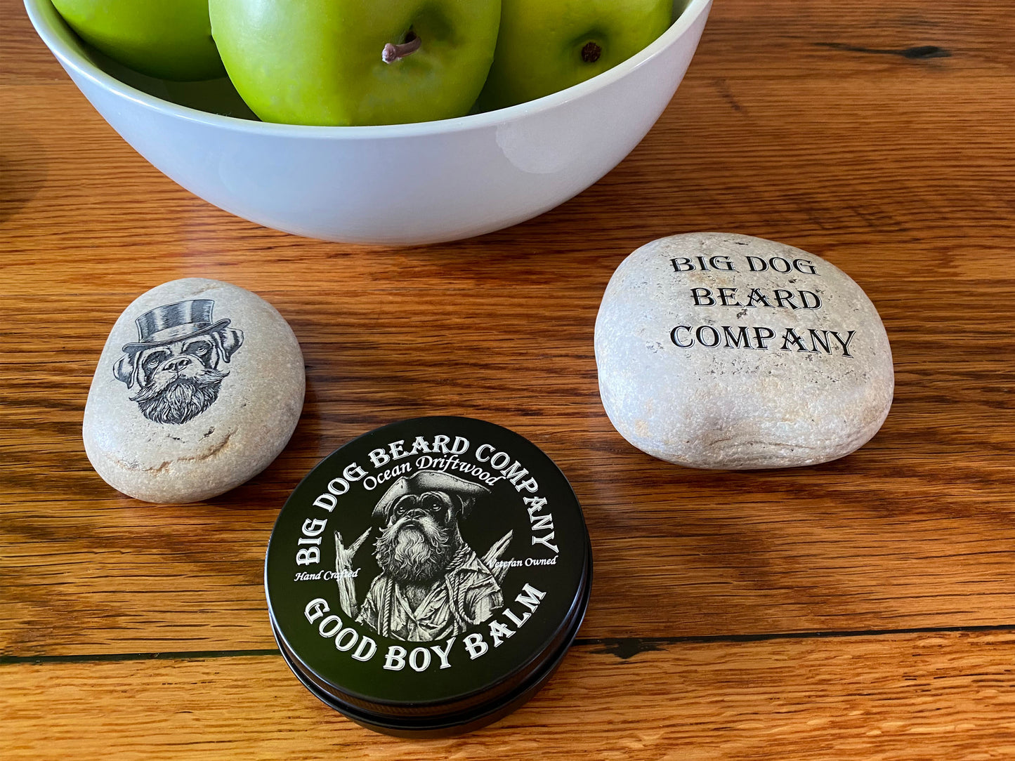 A tin of Ocean Driftwood Good Boy Beard Balm by Big Dog Beard Company, featuring an elegant design that embodies the spirit of the sea.