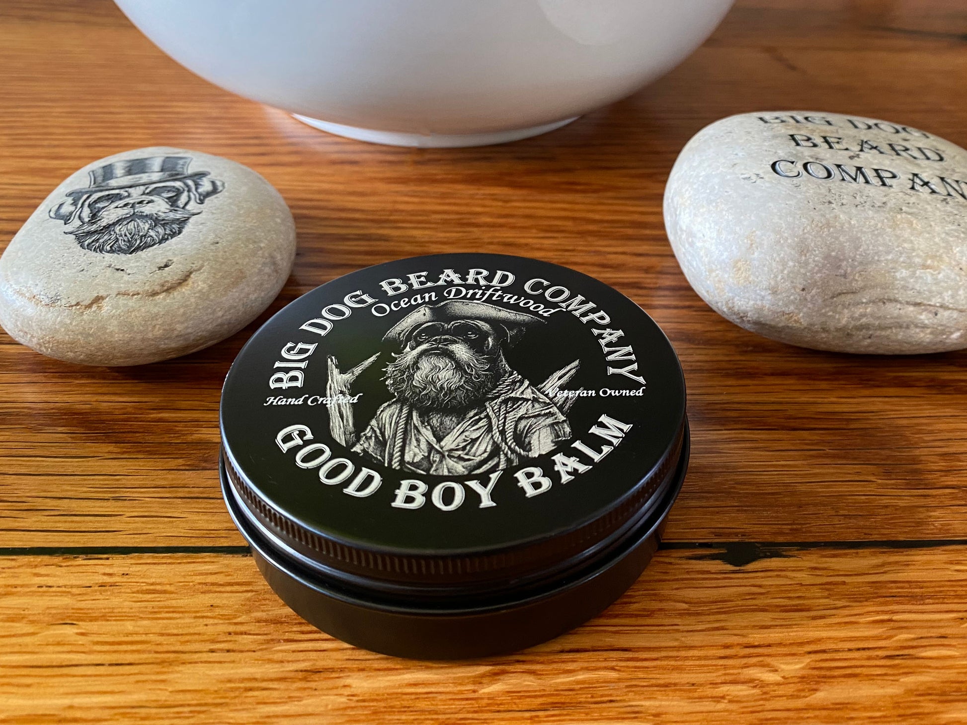 Big Dog Beard Company Ocean Driftwood Beard Balm tin, top front view