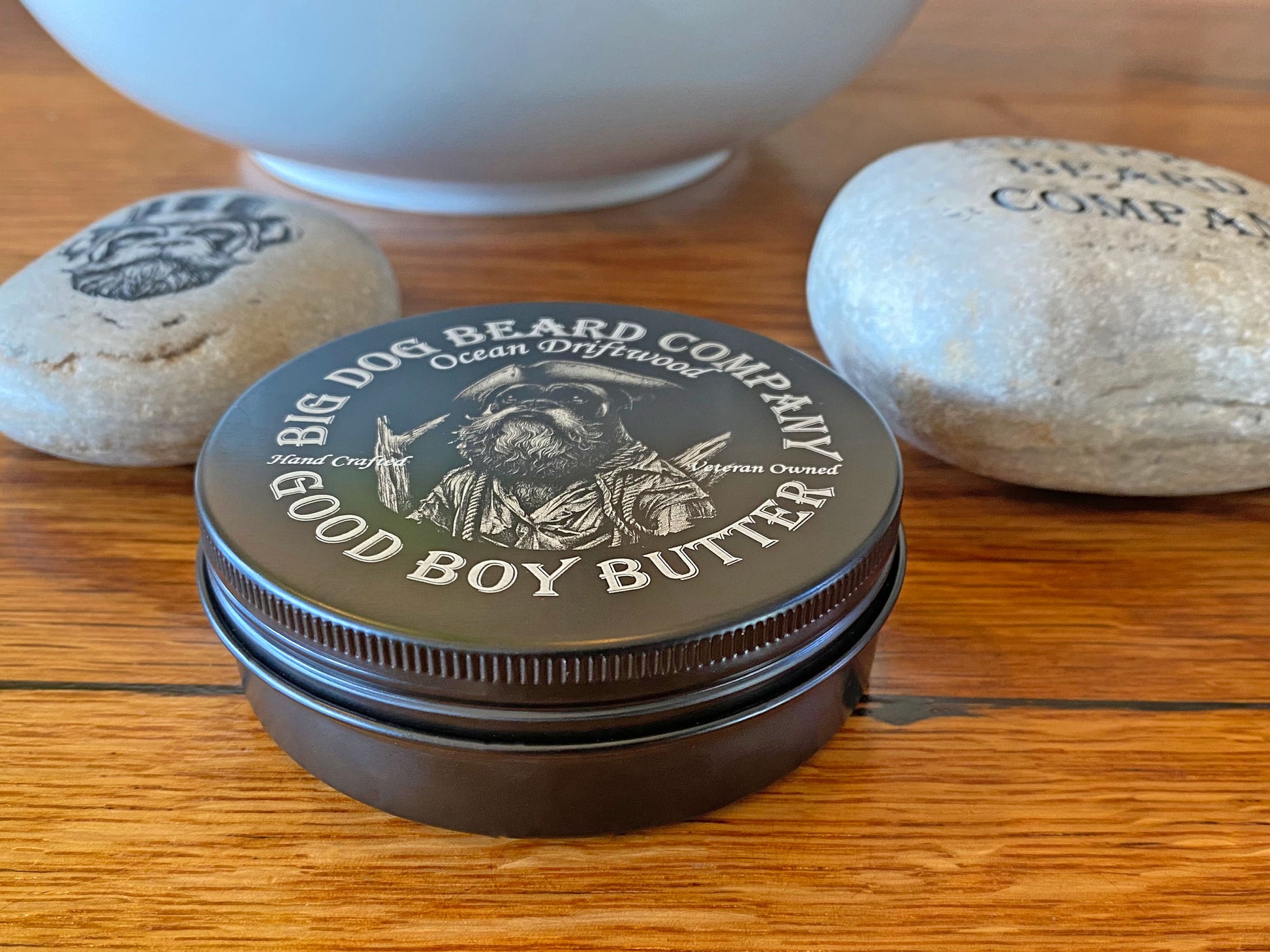 A tin of Big Dog Beard Company Ocean Driftwood GOOD BOY Beard Butter