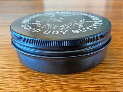 Big Dog Beard Company Ocean Driftwood Beard Butter tin side view.