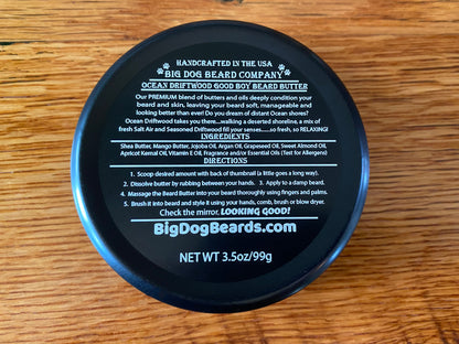 Handcrafted Ocean Driftwood Good Boy Beard Butter by Big Dog Beard Company, presented in a ruggedly elegant tin with scents of sea salt and teakwood.