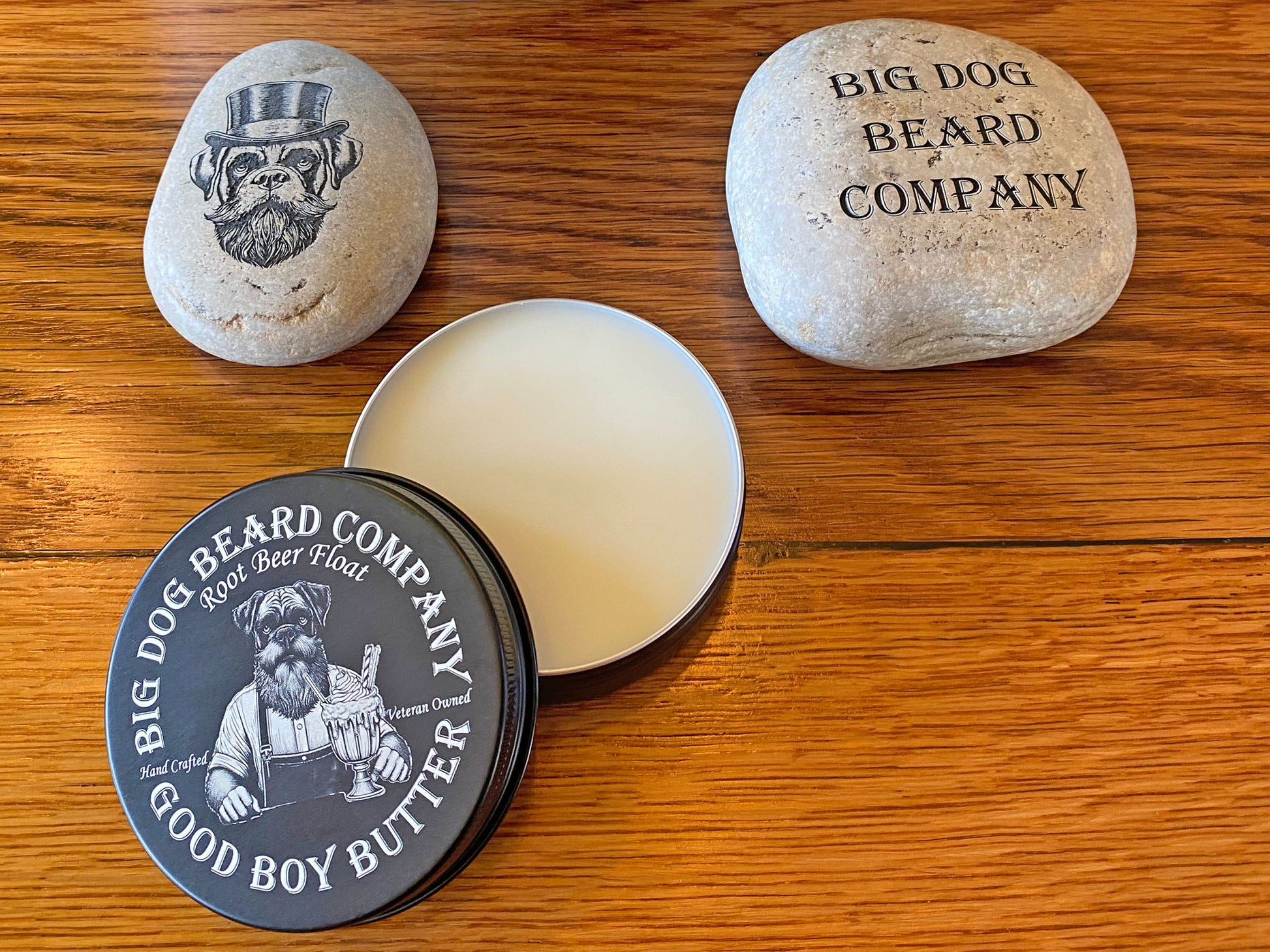 Root Beer Float GOOD BOY Beard Butter by Big Dog Beard Company with open lid displaying contents