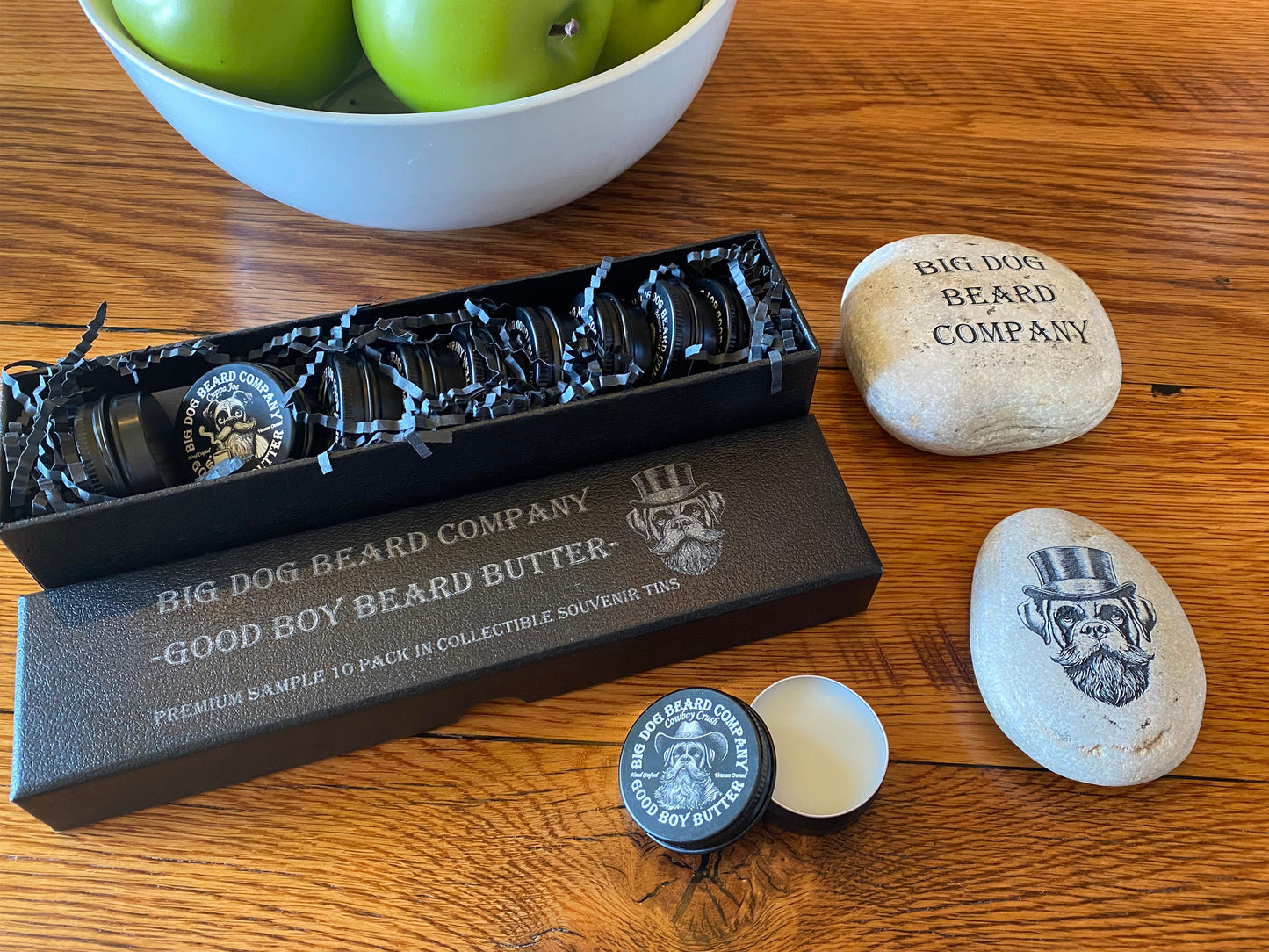 Beard Butter Sample Pack by Big Dog Beard Company with one opened tin.