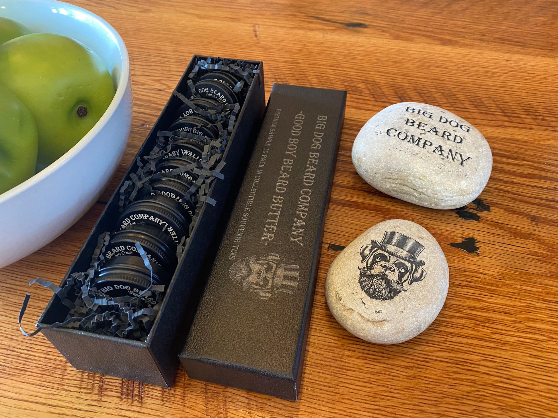 Beard Butter Sample Pack by Big Dog Beard Company displayed on Oak Table