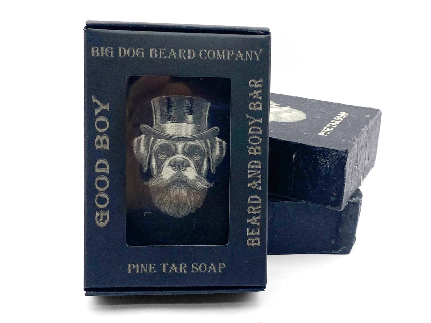 Big Dog Beard Company GOOD BOY Beard and Body Bar, Pine Tar Soap. Packaged and unpackaged.