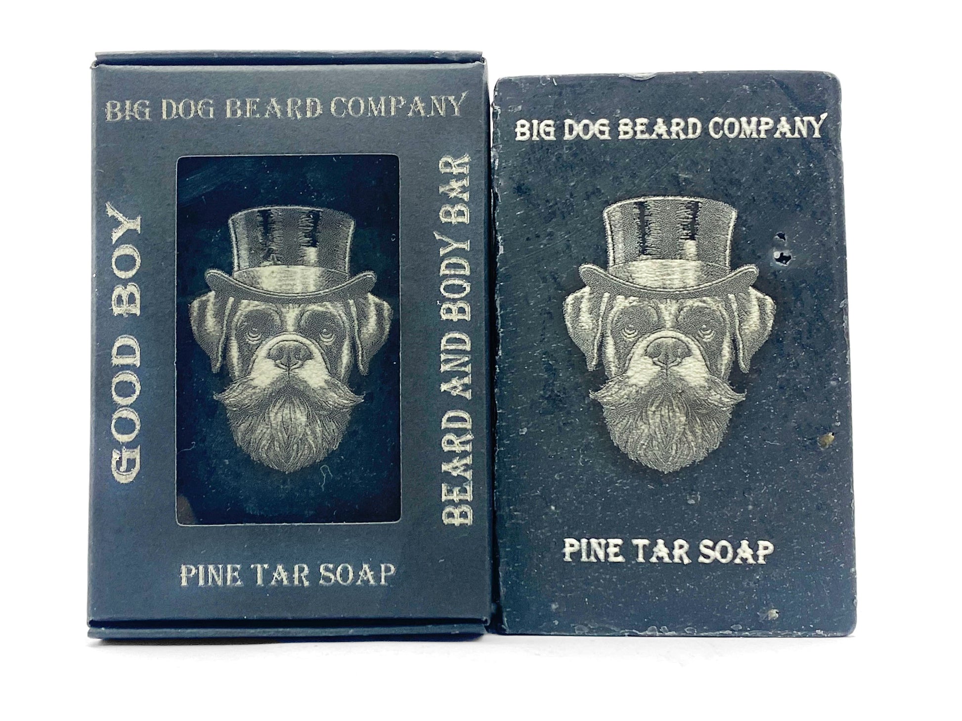 Big Dog Beard Company GOOD BOY Beard and Body Bar, Pine Tar Soap. Packaged and unpackaged, side by side.