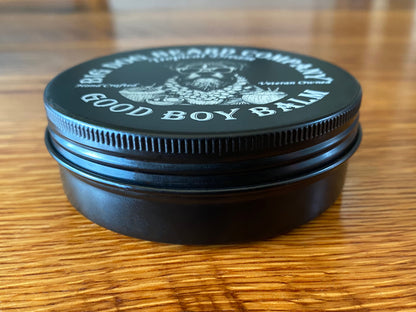 A tin of Tropical Dream Good Boy Beard Balm by Big Dog Beard Company. Side View