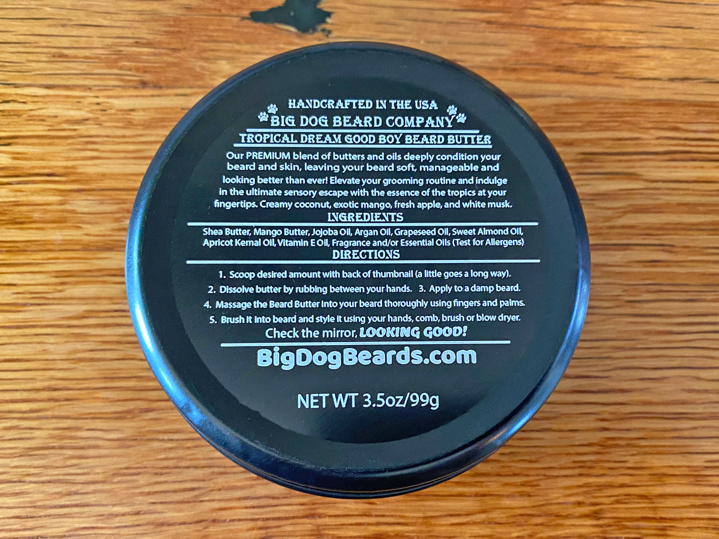 Handcrafted Tropical Dream Good Boy Beard Butter by Big Dog Beard Company, presented in a ruggedly elegant tin with scents of coconut, mango, apple and white musk.