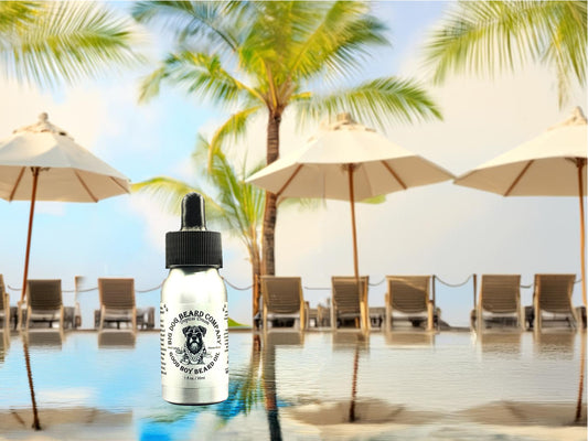 A bottle of Tropical Dream Good Boy Beard Oil by Big Dog Beard Company, featuring a refined scent inspired by exotic tropical vacations.