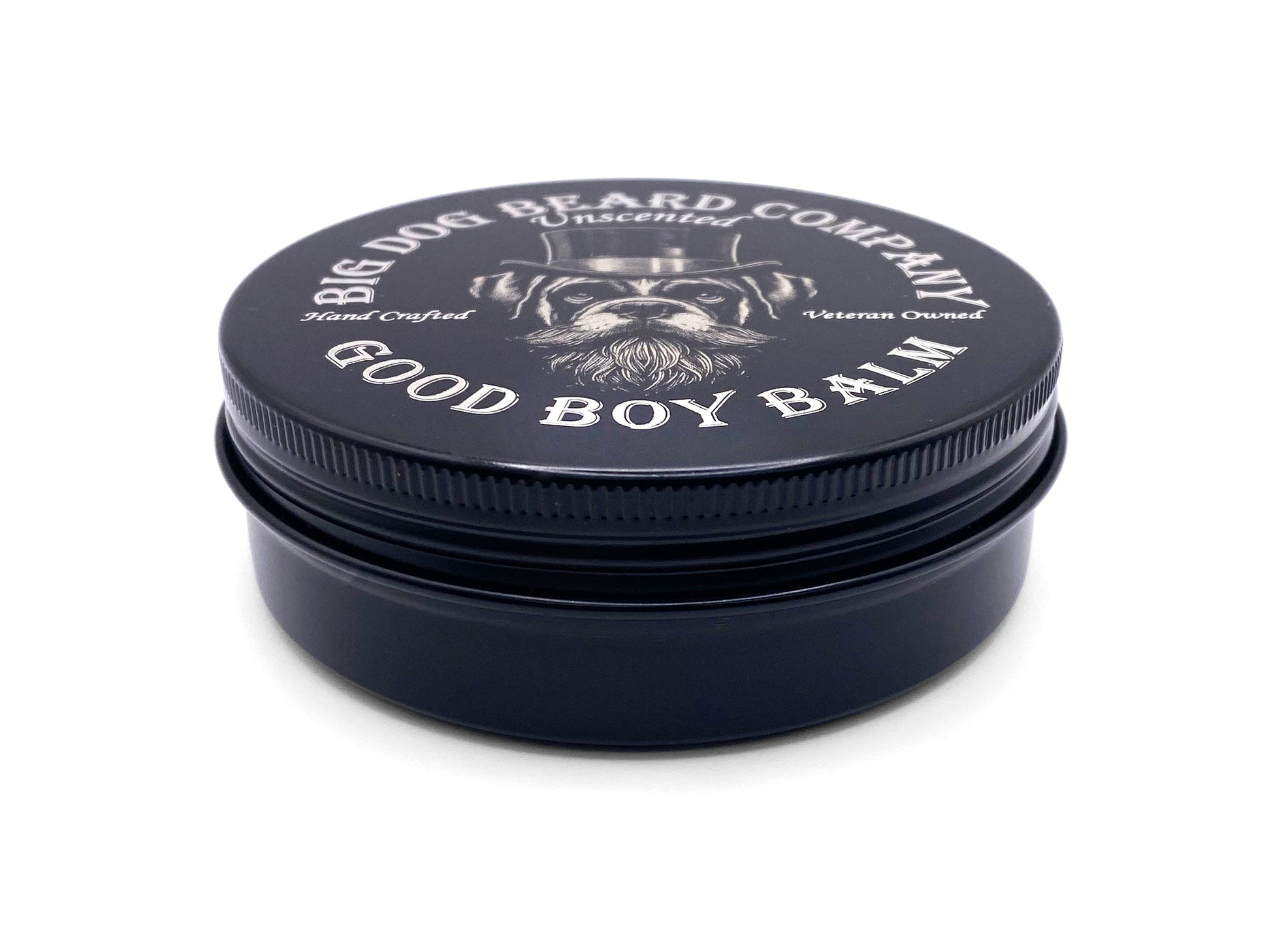 Big Dog Beard Company Unscented Good Boy Beard Balm side view.