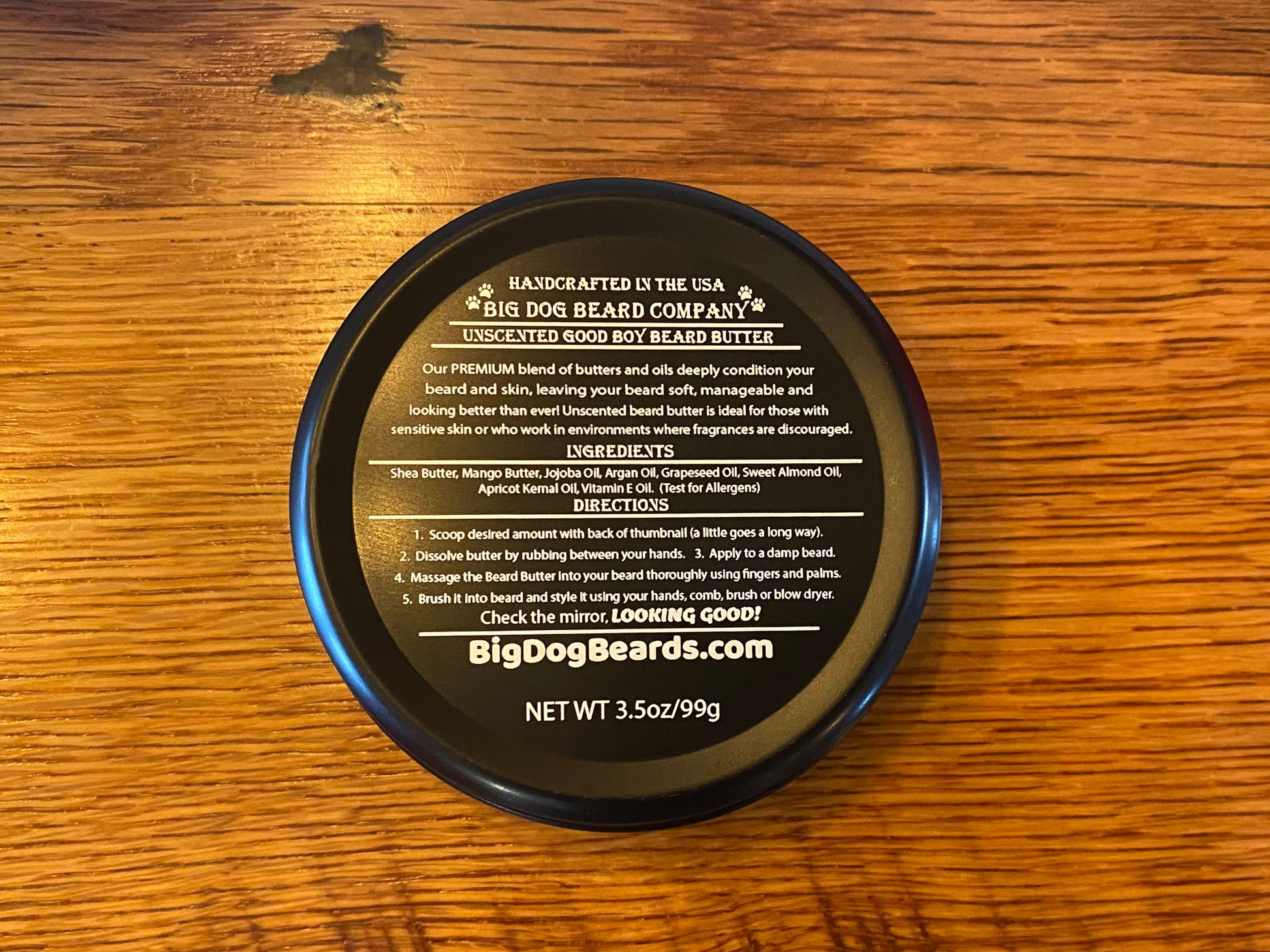 Handcrafted Unscented Good Boy Beard Butter by Big Dog Beard Company, presented in an elegant tin. Label View