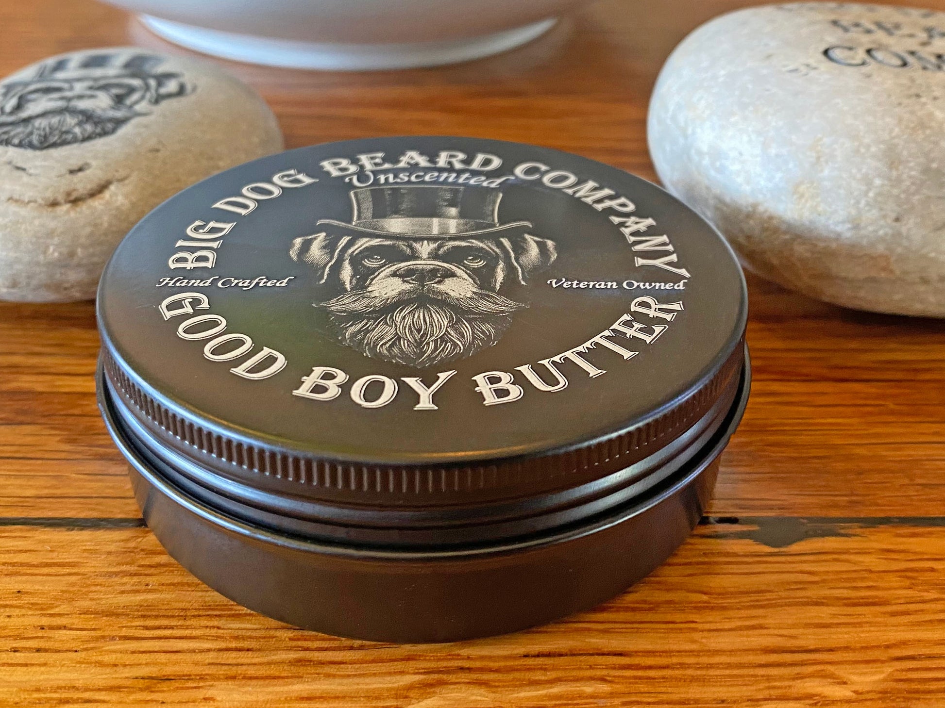 Handcrafted Unscented Good Boy Beard Butter by Big Dog Beard Company, presented in a ruggedly elegant tin.