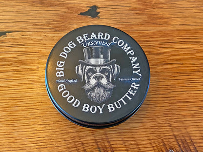 A tin of Big Dog Beard Company Unscented GOOD BOY Beard Butter, top view