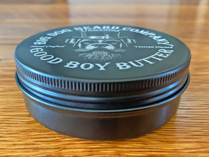 A tin of Big Dog Beard Company Unscented GOOD BOY Beard Butter side view.